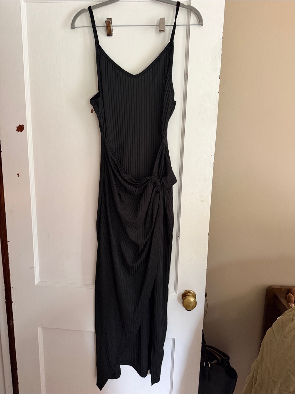 SHEIN Black Ribbed Midi Slip Dress with Side Tie